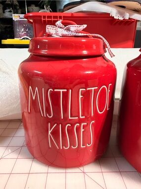 Rae Dunn Red 'Mistletoe Kisses' Ceramic Cookie Jar